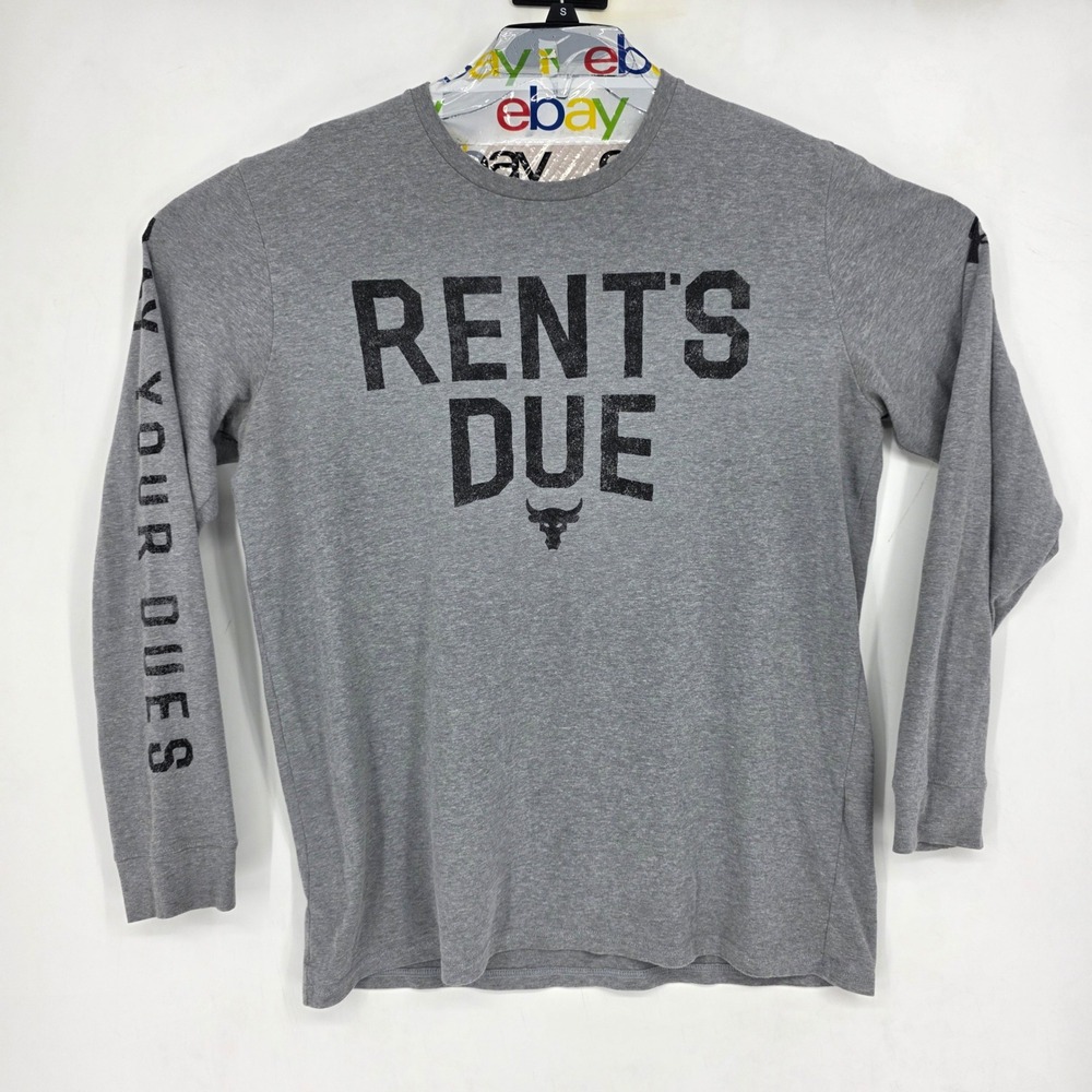 Under Armour Project Rock Shirt Mens Large Rents Due Print Gray Long Sleeve